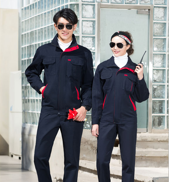 春秋季节藏蓝色男女同款翻领长袖全棉工作服套装-SYC339#