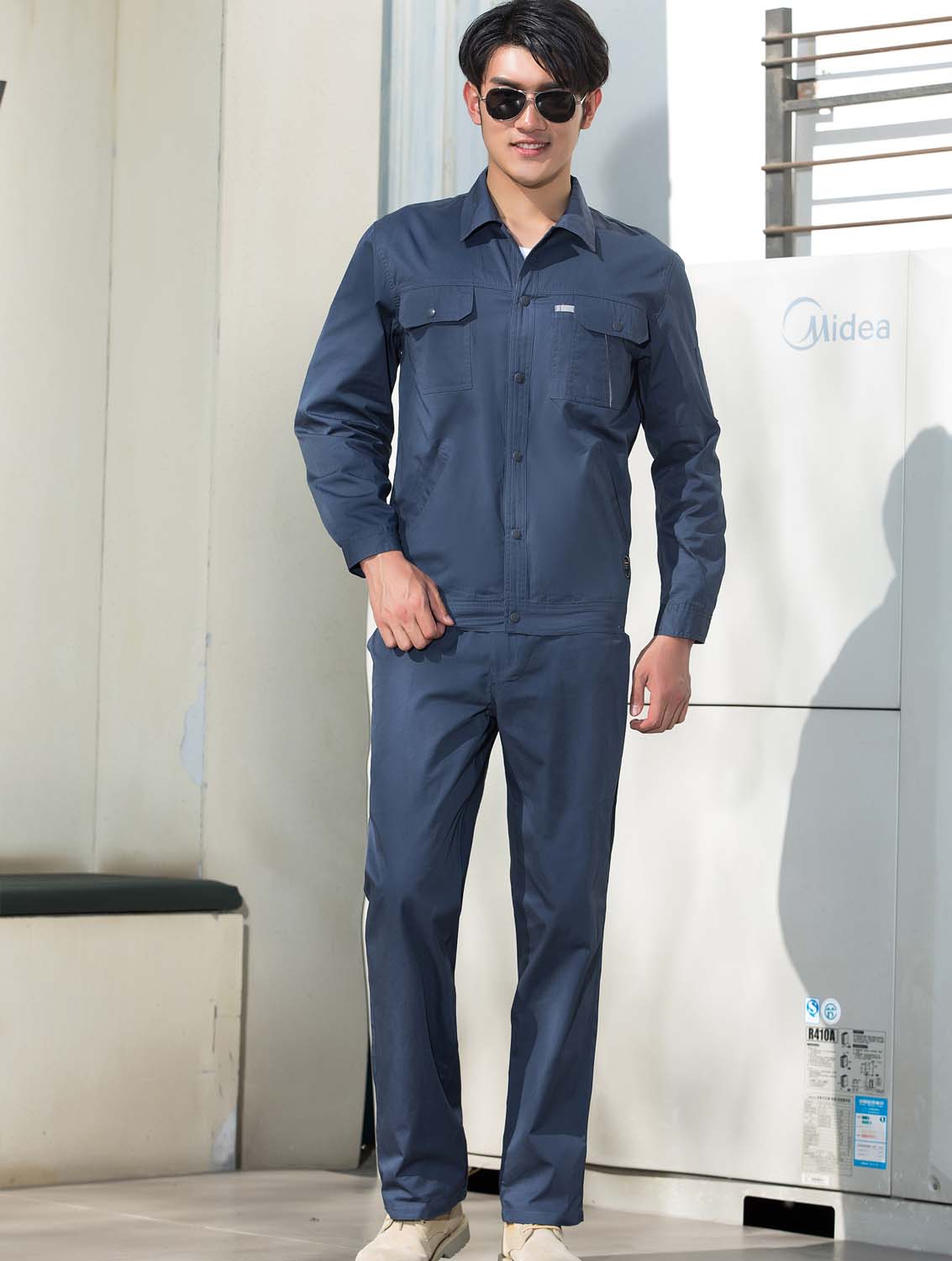 夏季蓝色纯棉长袖工作服套装-SYX204#