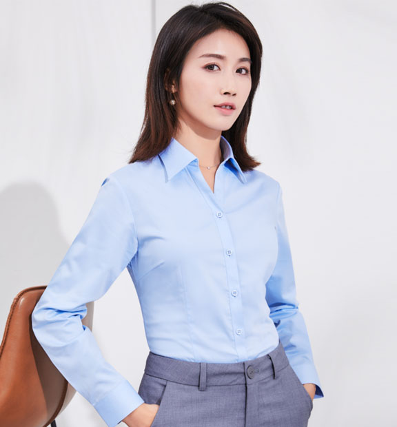 蓝色女款竹纤维抗皱翻领长袖修身衬衫-611#