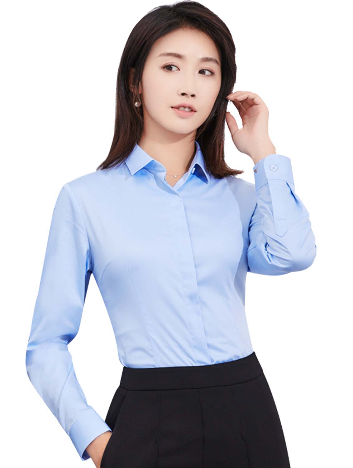 蓝色女款竹纤维抗皱翻领长袖修身衬衫-611#