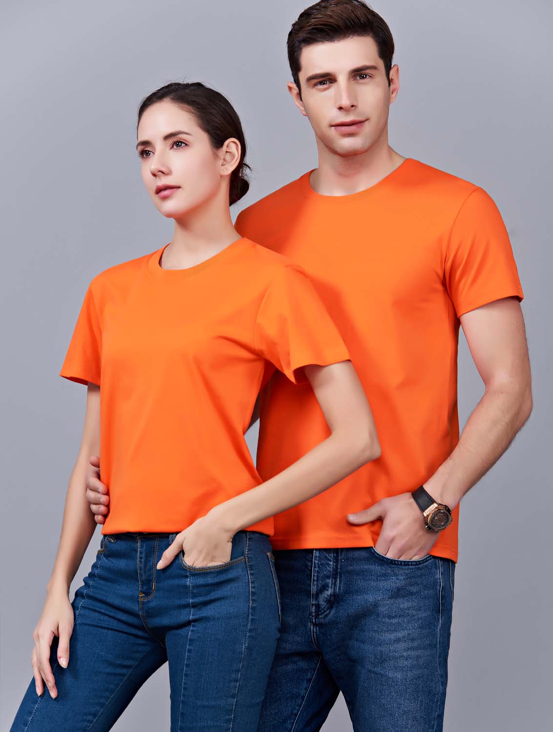 夏季橘色男女同款纯棉半袖圆领文化衫T19#